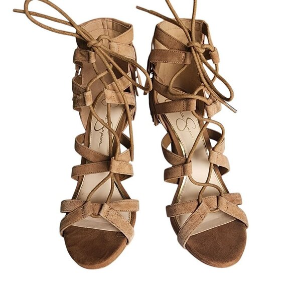 Jessica Simpson JS-Bregan Dakota Tan Lux Kid Suede Fringe Lace-Up Heels Size 8.5 - Picture 3 of 14